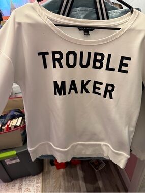 Rock & Republic White Sweatshirt with Black 'TROUBLE MAKER' Graphic